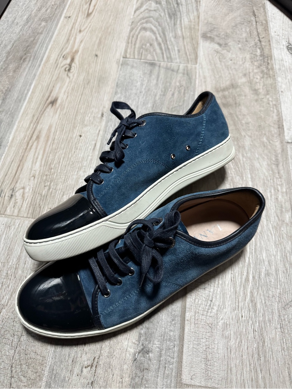 Men's Lanvin - Navy Suede & Patent Leather Low-Top Sneakers